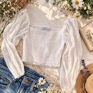 Midnight Sky White Smocked Puff Sleeve Crop Top – Women’s Medium Cottagecore